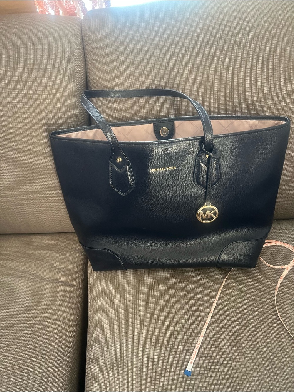 Michael Kors Black Leather Tote with Gold MK Charm